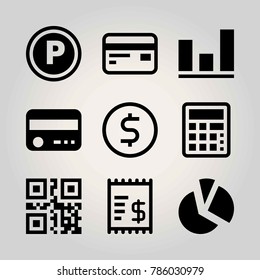 Technology vector icon set. qr code, credit card, invoice and pie chart