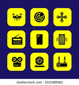Technology vector icon set. radio, movie player, smartphone and drone