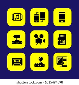 Technology vector icon set. sd card, video camera, joystick and pc