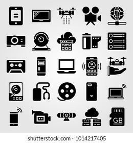 Technology vector icon set. server, hhd, laptop and video camera