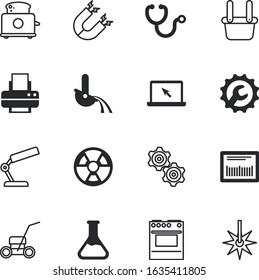 technology vector icon set such as: gear, atom, induction, radioactivity, network, retail, sick, laboratory, screen, meal, monitor, flask, cutter, print, wheel, grass-cutter, data, heart, repair