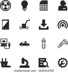 technology vector icon set such as: driving, creativity, geometric, risk, safety, arrow, microphone, ultrasonography, access, chip, rule, magnify, solution, switch, future, cord, lightbulb, circle