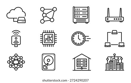 Technology vector icons depicting network structure, database system, node connections, computer circuits, and communication lines.