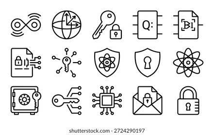 Technology vector icons depicting quantum processing, circuit security, and abstract scientific futuristic elements for digital protection.