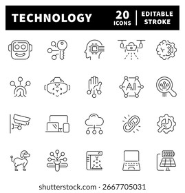 Technology vector icons in line style. Technology thin line icons set