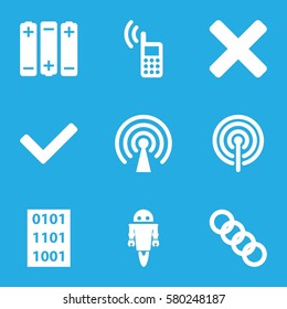 Technology vector icons. Set of 9 Technology filled icons such as phone, signal, binary code, robot, chain, tick, cross