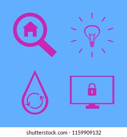 technology vector icons set. with bulb, cyber security, hydraulic energy and search house in set