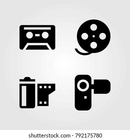 Technology vector icons set. camcoder, film roll and camera