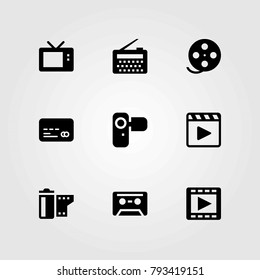 Technology vector icons set. camera, film roll and camcoder