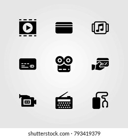 Technology vector icons set. credit card, video camera and music player