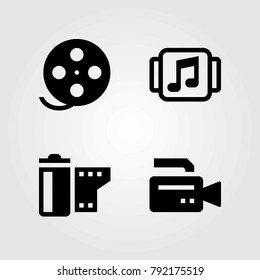 Technology vector icons set. film roll, music player and video camera