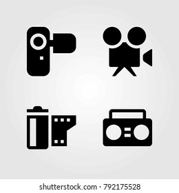 Technology vector icons set. film roll, boombox and video camera