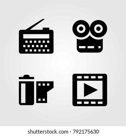 Technology vector icons set. film roll, movie player and radio