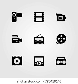 Technology vector icons set. film roll, video camera and camcoder
