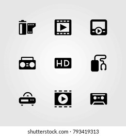 Technology vector icons set. film roll, cassette and radio