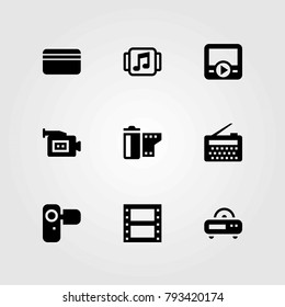 Technology vector icons set. film roll, camera and music player