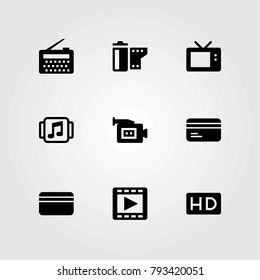 Technology vector icons set. movie player, film roll and hd
