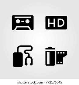 Technology vector icons set. music player, cassette and film roll