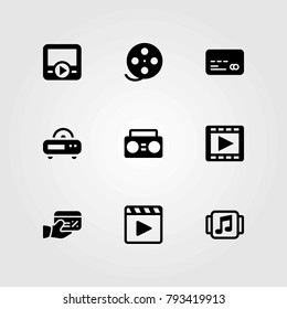 Technology vector icons set. music player, film roll and boombox