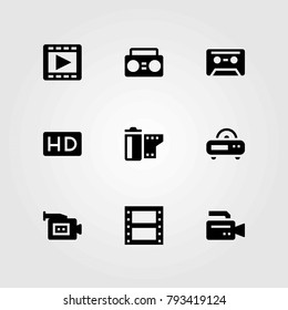 Technology vector icons set. video camera, boombox and radio