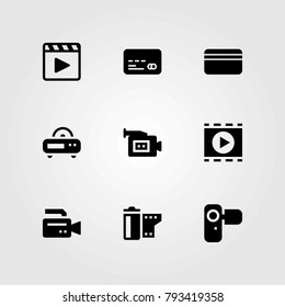 Technology vector icons set. video camera, movie player and radio