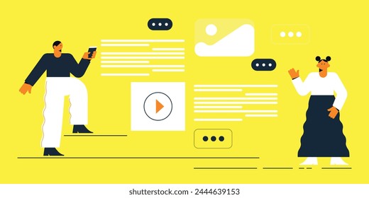 Technology. Vector illustration of website design, development, programming, SEO. Digital chat bot, robot application, conversation