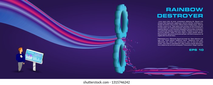 Technology vector isometric background in violet color. Abstract flow fluid wave destroyed with two gear and worker. 3d trendy modern style flyer, banner, background.