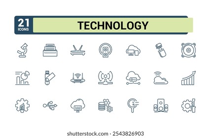 Conjunto de iconos de línea de Vector de Tecnología. Con colección, nube, gráfico, computadora, 5g, red y más. Conjunto de pictograma de línea. Trazo de Vector editable.