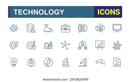 Conjunto de iconos de línea de Vector de Tecnología. Con colección, nube, gráfico, computadora, 5g, red y más. Conjunto de pictograma de línea. Trazo de Vector editable.