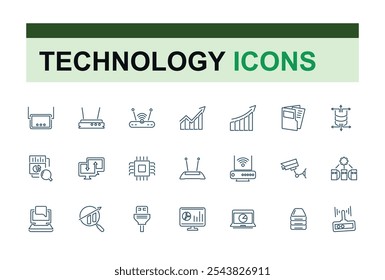 Conjunto de iconos de línea de Vector de Tecnología. Con colección, nube, gráfico, computadora, 5g, red y más. Conjunto de pictograma de línea. Trazo de Vector editable.