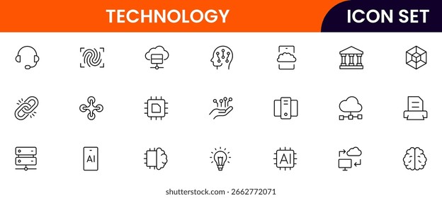 Technology vector line icons featuring smartwatches, fitness bands, AR glasses, biometric sensors, health tracking, connectivity, notifications, and portable digital devices.