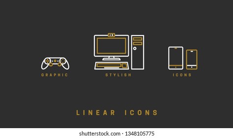 Technology vector linear icon, gadgets, set devices