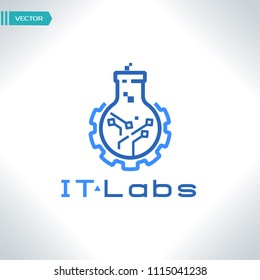 Technology - vector logo template for corporate identity. Abstract symbol of the brain, gears and flasks. Design element.