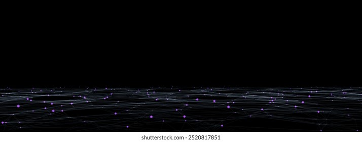 Technology vector perspective grid background. Digital space wireframe landscape. Dark cyberspace with colors motion dots and lines. Futuristic digital mesh background. Big data analytics.