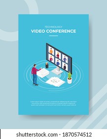 technology video conference men standing front big computer screen people on display around paper work chart statistic data for template flyer and print banner cover isometric 3d flat style vector des