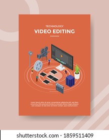 edición de vídeo de tecnología personas de pie delante de la cámara de la computadora tira de película para plantillas de banners, volante, portada de libros, revistas