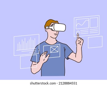 Technology, virtual reality, entertainment concept. Person working with business data in virtual reality using VR headset. Technological progress and modern lifestyle vector illustration.