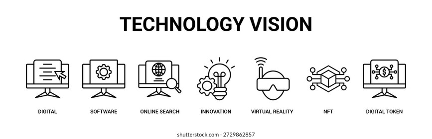 Concepto de Ilustración vectorial de iconos de Anuncio de Web de Tecnología con iconos de digital, software, búsqueda en línea, innovación, realidad virtual, nft, token digital.
