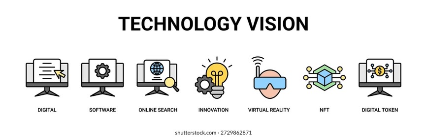Concepto de Ilustración vectorial de iconos de Anuncio de Web de Tecnología con iconos de digital, software, búsqueda en línea, innovación, realidad virtual, nft, token digital.