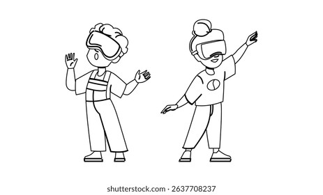 technology vr virtual reality kid vector. headset device, tech modern, digital entertainment technology vr virtual reality kid character. people black line pencil drawing illustration