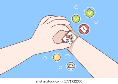 Technology, watch, gadget, innovation concept. Human hands using digital smart watches with multiple functions on wrist. Digital fashionable innovative portable future devices for usage illustration.