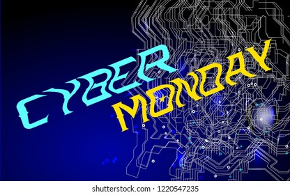 Technology web banner for Cyber Monday sale. Inscription Cyber Monday in glitch style. Vector illustration for sale booklets, price tags. leaflets, flyers, invitation cards