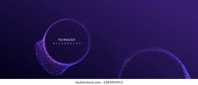 Banner web de tecnología. Los puntos de salpicadura de partículas brillan por el fondo de los grandes datos. Los círculos futuristas neones conectan el diseño. El concepto Cosmos.
