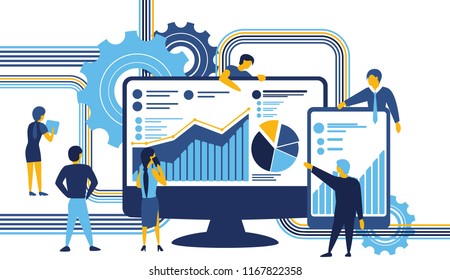 Technology of web business. A group of people is busy working on a project. Illustration of a flat design. Vector illustration.