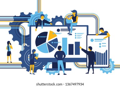 Technology of web business. A group of people is busy working on a project. Illustration of a flat design. Vector illustration.