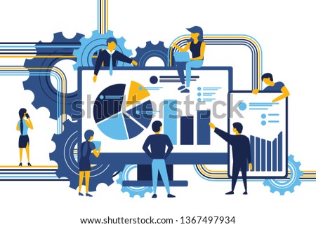 Technology of web business. A group of people is busy working on a project. Illustration of a flat design. Vector illustration.