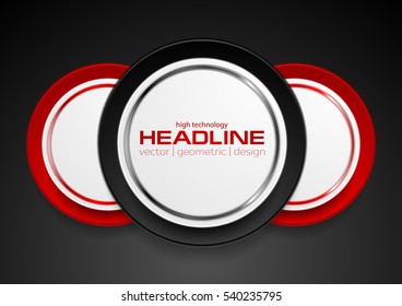 Technology web design with red black circle labels. Vector dark stickers background