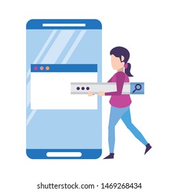 technology web digital network hardware, smartphone website data information cartoon vector illustration graphic design