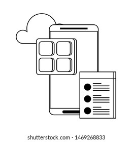 technology web digital network hardware, smartphone downloading and uploading data information cartoon vector illustration graphic design