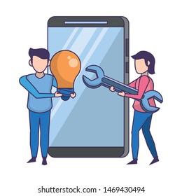 technology web digital network hardware, smartphone mobile working on idea cartoon vector illustration graphic design